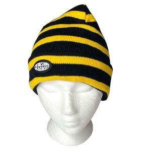 Petals and Peacocks Striped Beanie Hat Black Yellow